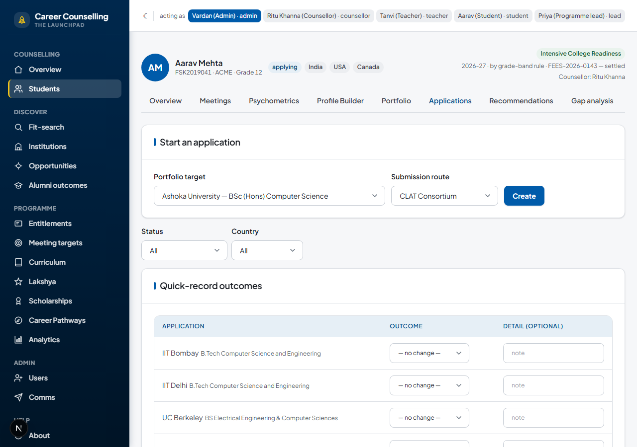A student's Applications tab with document status and outcomes