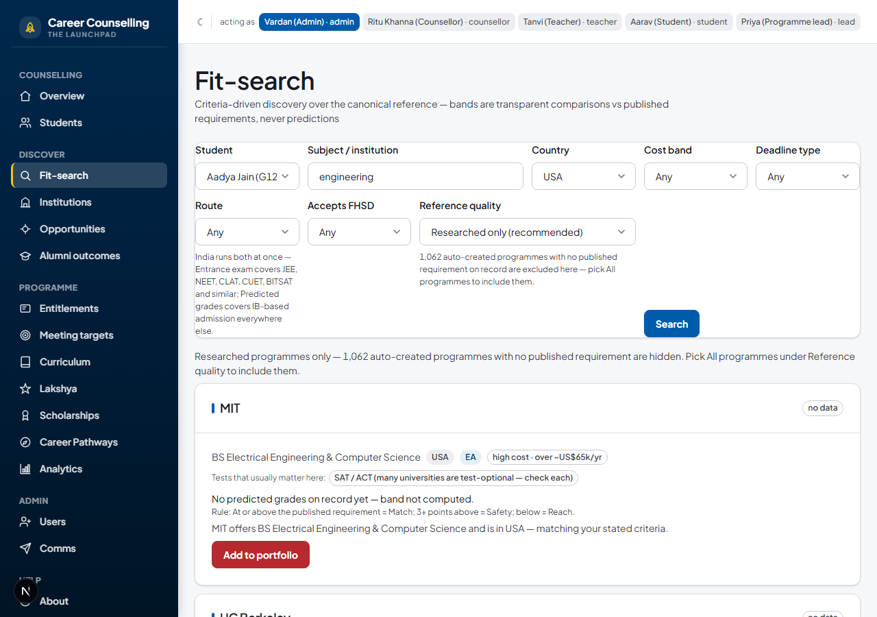 Fit-search results with the Reach/Match/Safety band