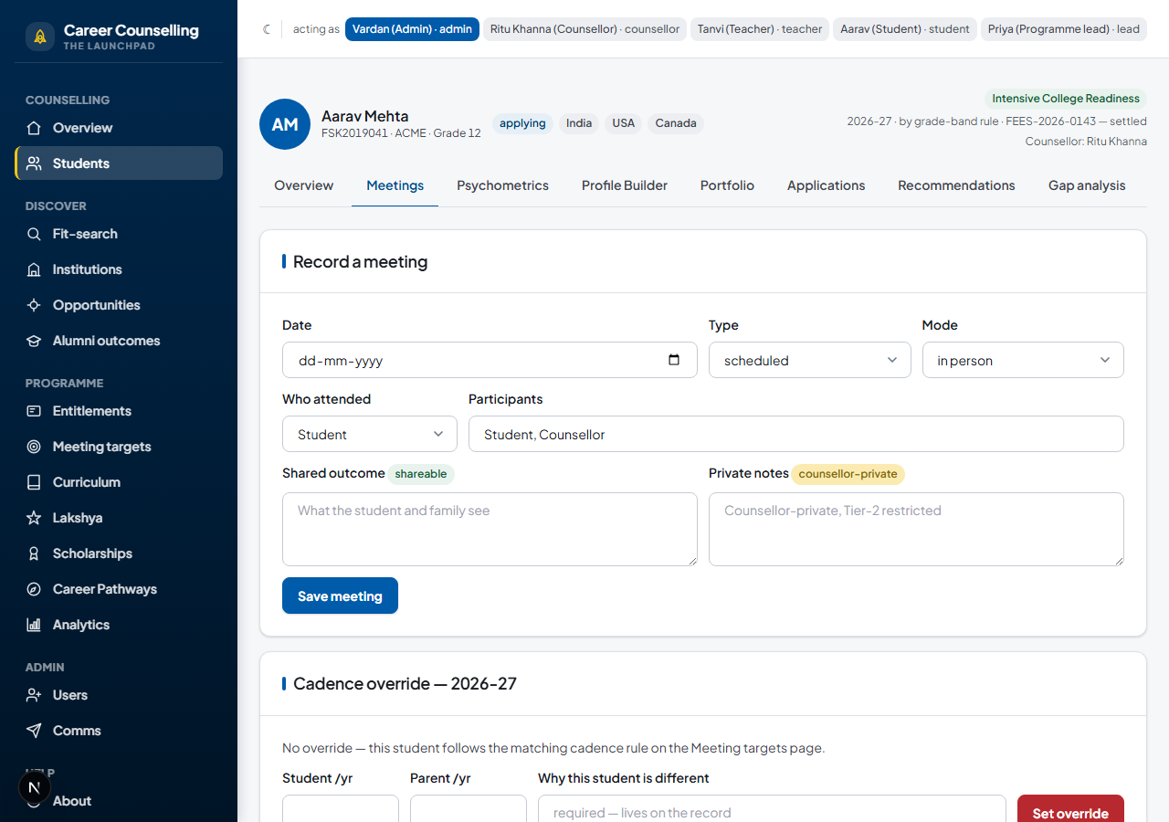 A student's Meetings tab, with the meeting log and goals