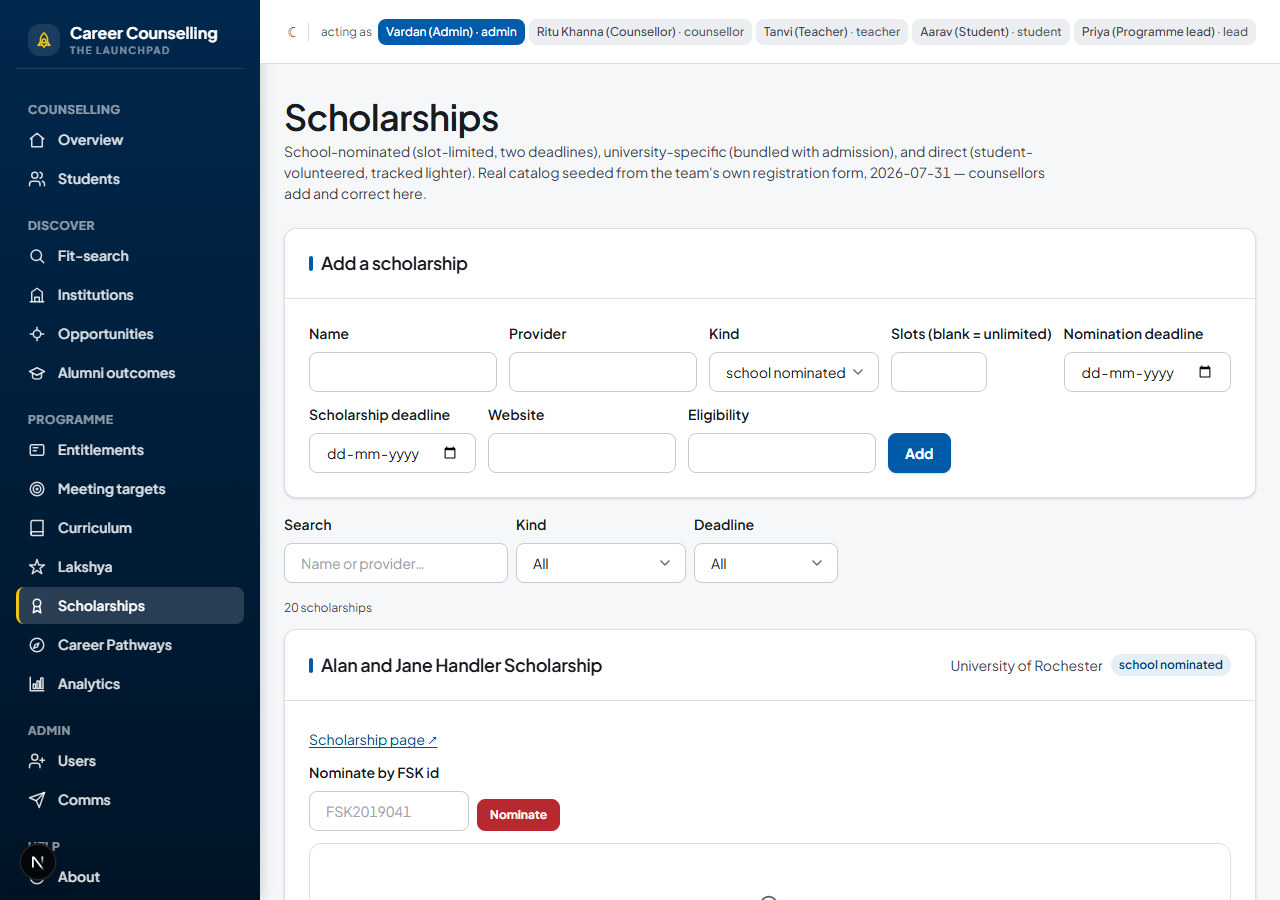 The Scholarships catalog, counsellor view