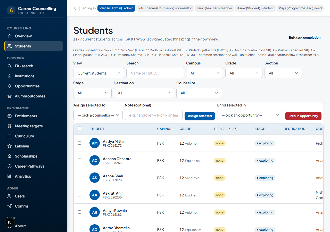 The Students roster, filtered and searchable